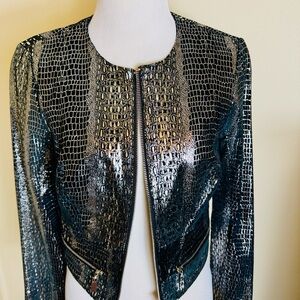 Bebe Metallic Snake Embossed Zip Leather Jacket Black Silver Cropped Small / P